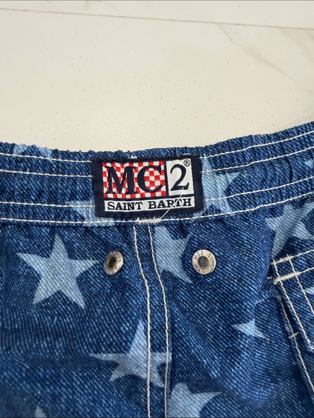 MC2 Saint Barth Navy Star-Print Swim Trunks with Neon Yellow Drawcord - Picture 4 of 6